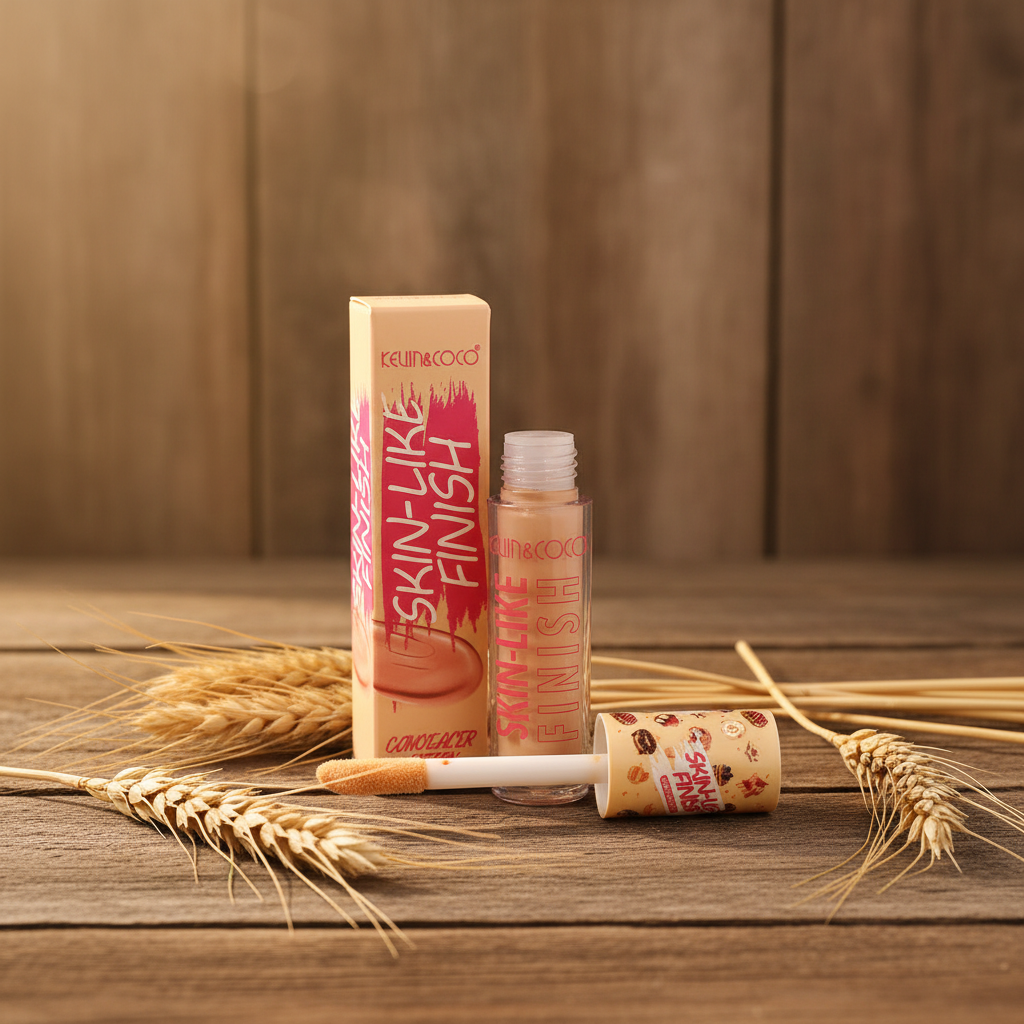 Kevin & Coco Skin-Like Finish Concealer shown with its pink and orange packaging, the open bottle, and the applicator wand on a desk with a laptop in the background.