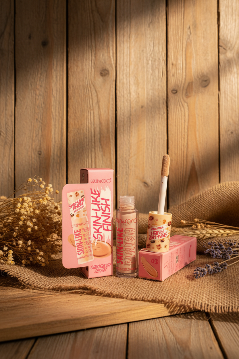 Kevin & Coco Skin-Like Finish Concealer in a pink and beige 'Cotton Candy' shade, shown with its pink packaging, applicator wand, and tube on a dark desk.
