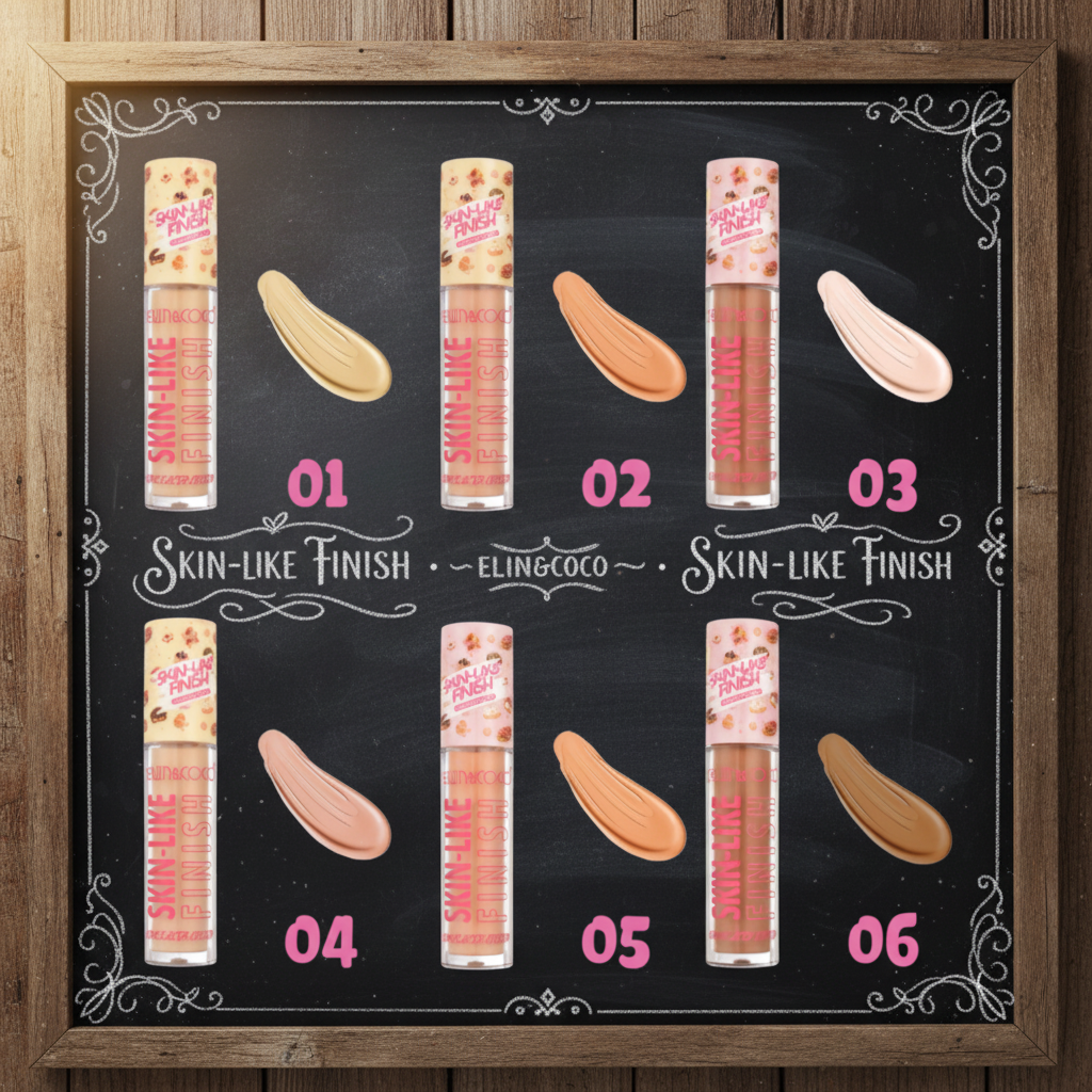 Six tubes of SKIN LIKE BEAUTY liquid blush in shades 01 to 06, arranged in two rows on a white background, each shown with a corresponding product swatch smear and pink number label.